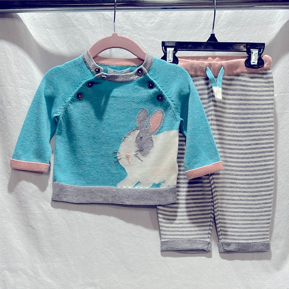 3-6 months, Baby Boden, lightweight knit sweater with matching grey striped pant